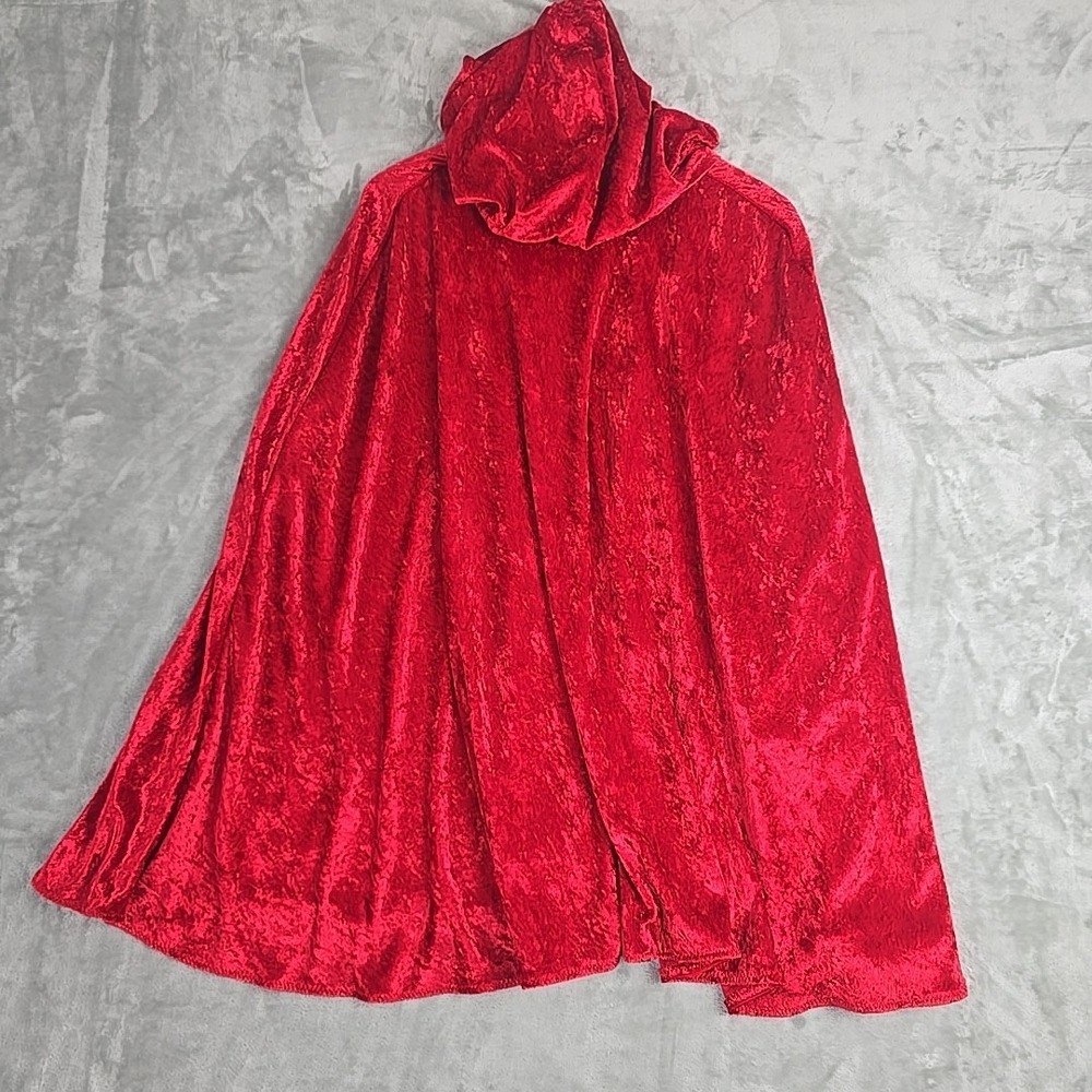 Red Riding Hood Crushed Velvet Red Hooded Cape Costume Halloween Cosplay O/S - Picture 5 of 5